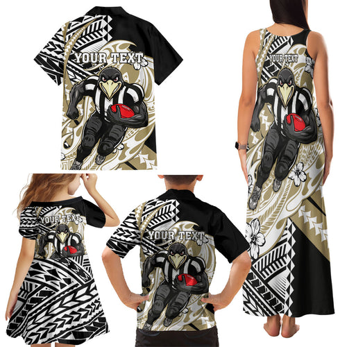 Personalized Collingwood Magpies Family Matching Tank Maxi Dress and Hawaiian Shirt Polynesian Tribal Magpie Mascot With Hibiscus Floral Art