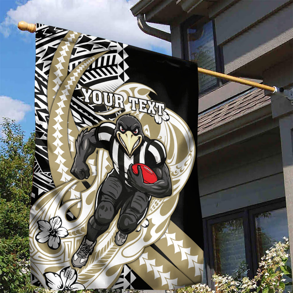 Personalized Collingwood Magpies Garden Flag Polynesian Tribal Magpie Mascot With Hibiscus Floral Art