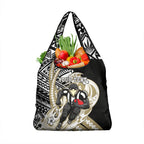 Personalized Collingwood Magpies Grocery Bag Polynesian Tribal Magpie Mascot With Hibiscus Floral Art