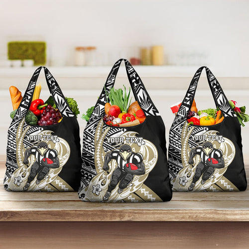 Personalized Collingwood Magpies Grocery Bag Polynesian Tribal Magpie Mascot With Hibiscus Floral Art