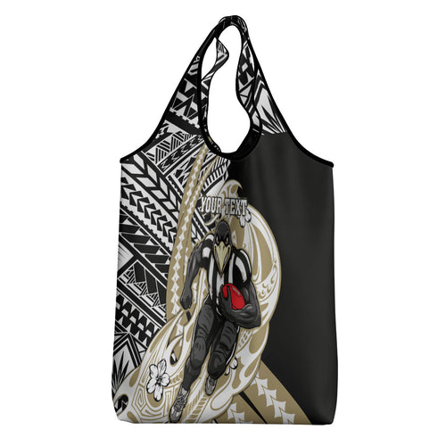 Personalized Collingwood Magpies Grocery Bag Polynesian Tribal Magpie Mascot With Hibiscus Floral Art