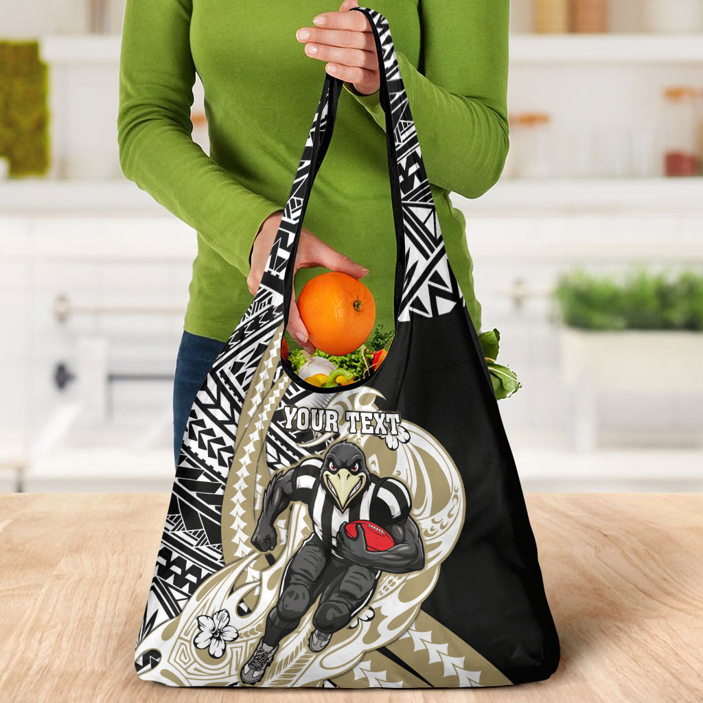 Personalized Collingwood Magpies Grocery Bag Polynesian Tribal Magpie Mascot With Hibiscus Floral Art