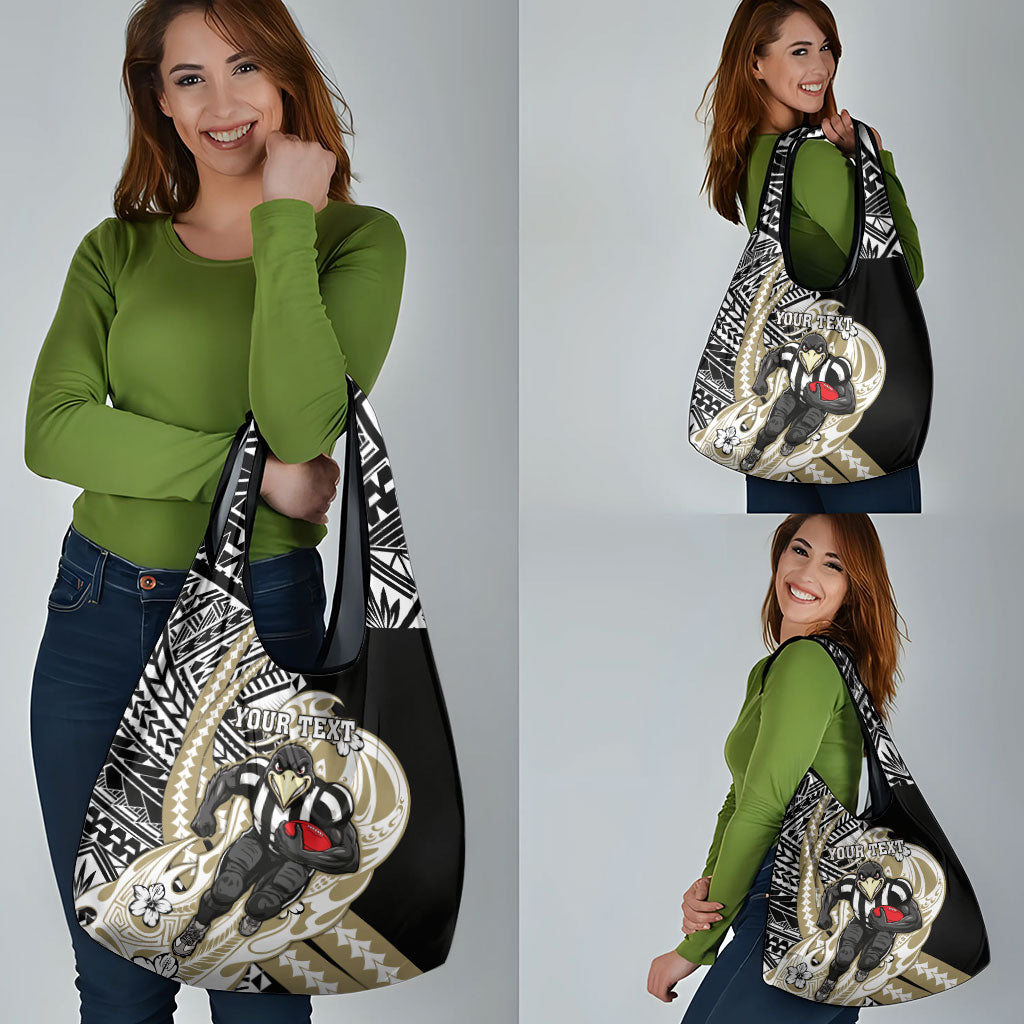 Personalized Collingwood Magpies Grocery Bag Polynesian Tribal Magpie Mascot With Hibiscus Floral Art
