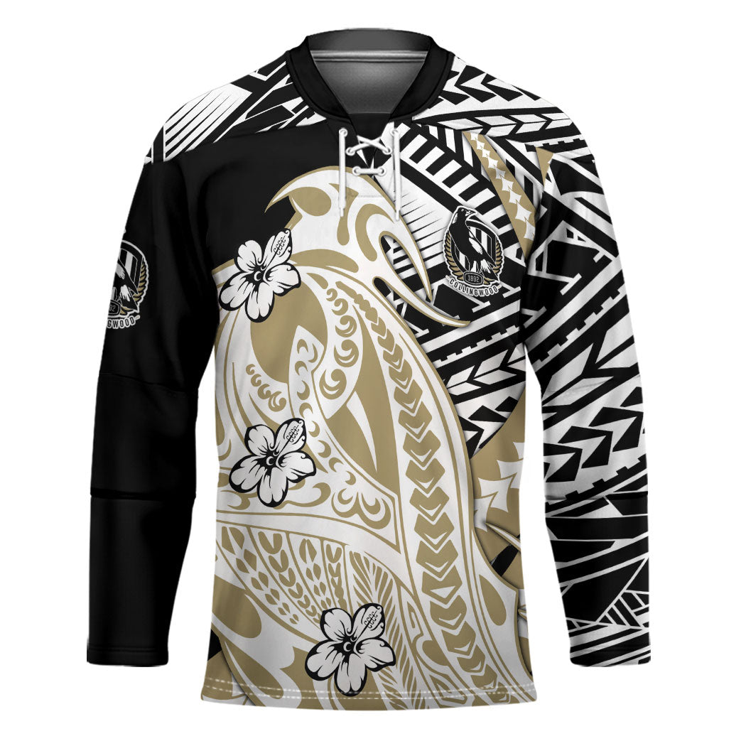 Personalized Collingwood Magpies Hockey Jersey Polynesian Tribal Magpie Mascot With Hibiscus Floral Art