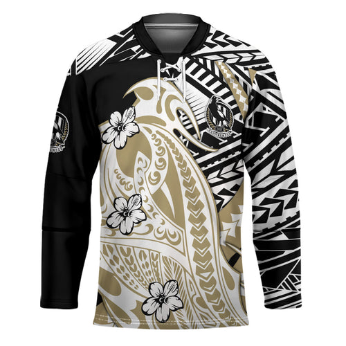 Personalized Collingwood Magpies Hockey Jersey Polynesian Tribal Magpie Mascot With Hibiscus Floral Art
