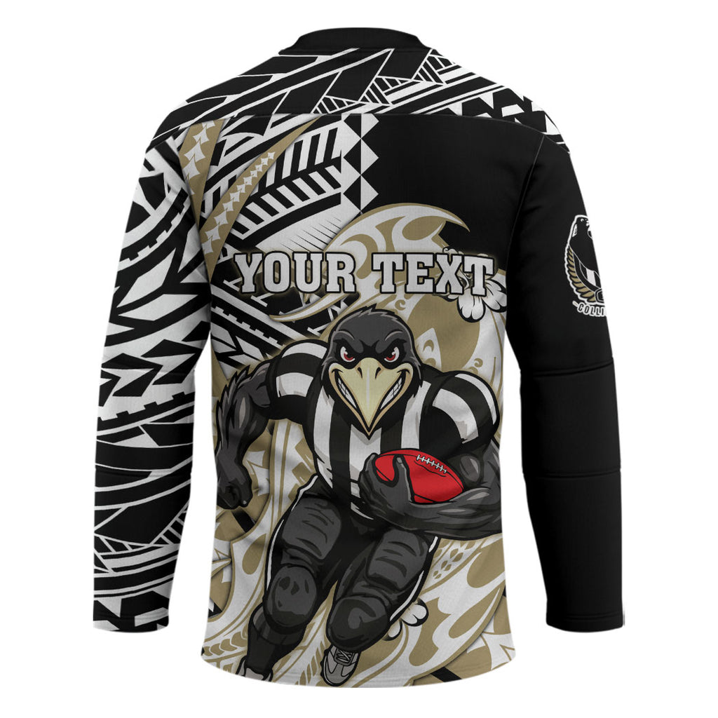 Personalized Collingwood Magpies Hockey Jersey Polynesian Tribal Magpie Mascot With Hibiscus Floral Art