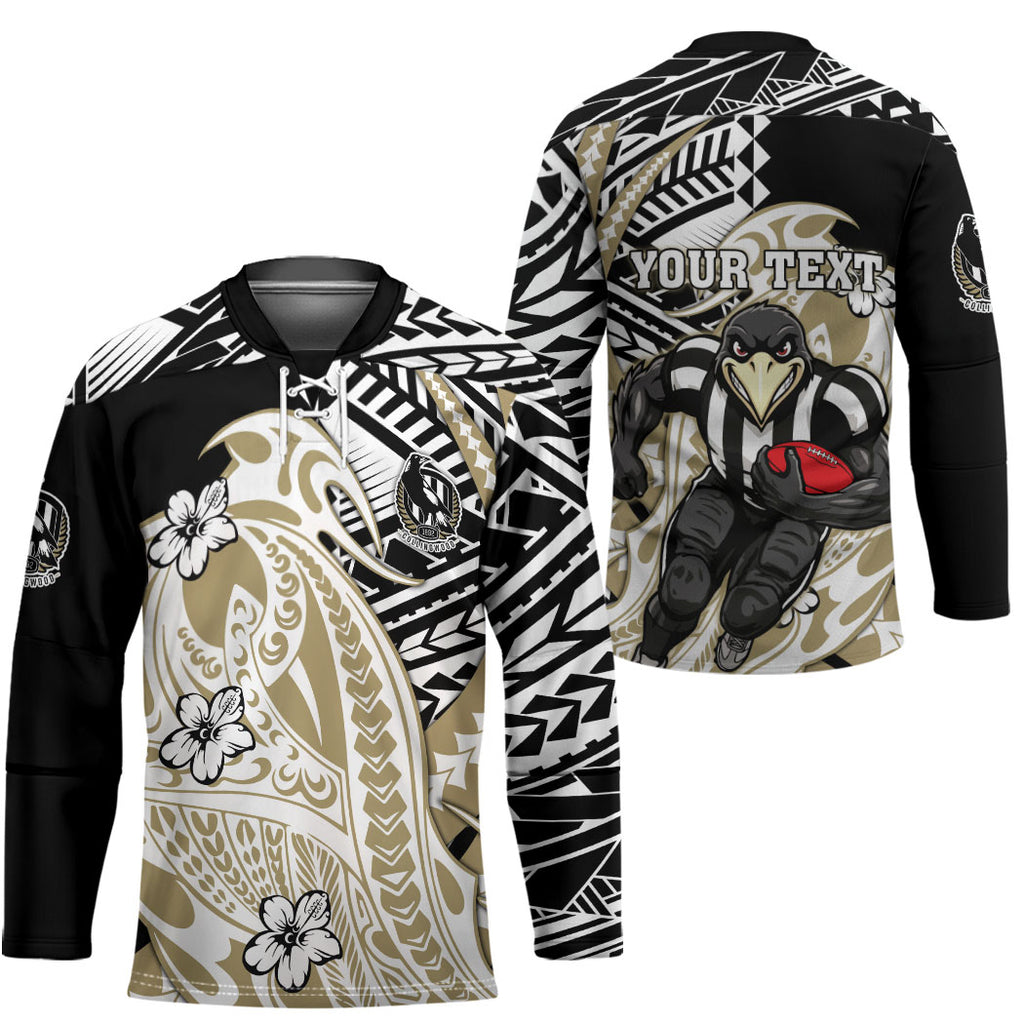 Personalized Collingwood Magpies Hockey Jersey Polynesian Tribal Magpie Mascot With Hibiscus Floral Art