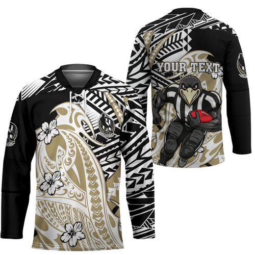 Personalized Collingwood Magpies Hockey Jersey Polynesian Tribal Magpie Mascot With Hibiscus Floral Art