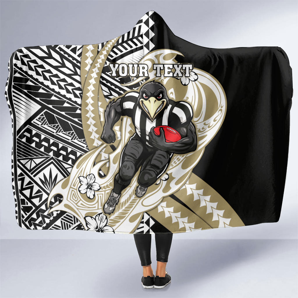 Personalized Collingwood Magpies Hooded Blanket Polynesian Tribal Magpie Mascot With Hibiscus Floral Art