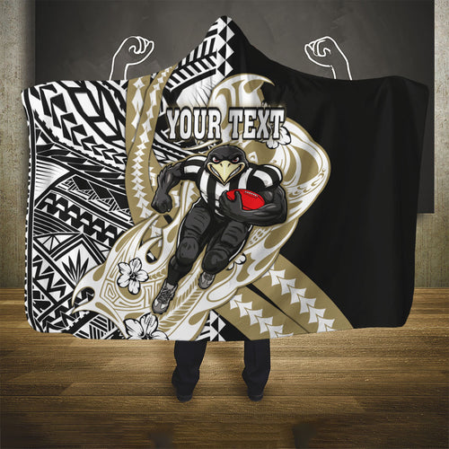 Personalized Collingwood Magpies Hooded Blanket Polynesian Tribal Magpie Mascot With Hibiscus Floral Art