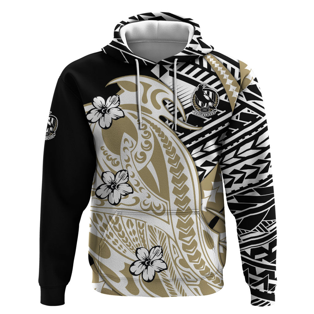 Personalized Collingwood Magpies Hoodie Polynesian Tribal Magpie Mascot With Hibiscus Floral Art