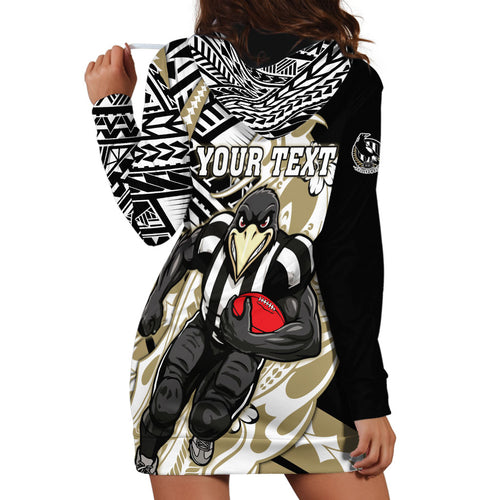 Personalized Collingwood Magpies Hoodie Dress Polynesian Tribal Magpie Mascot With Hibiscus Floral Art