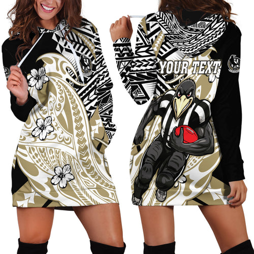 Personalized Collingwood Magpies Hoodie Dress Polynesian Tribal Magpie Mascot With Hibiscus Floral Art