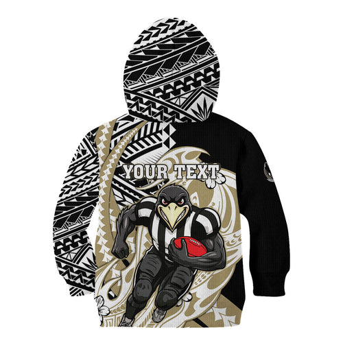 Personalized Collingwood Magpies Kid Hoodie Polynesian Tribal Magpie Mascot With Hibiscus Floral Art