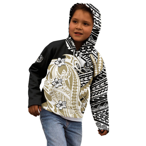 Personalized Collingwood Magpies Kid Hoodie Polynesian Tribal Magpie Mascot With Hibiscus Floral Art