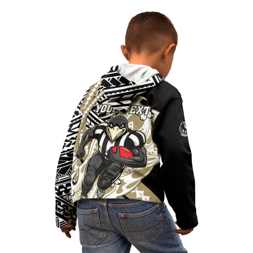 Personalized Collingwood Magpies Kid Hoodie Polynesian Tribal Magpie Mascot With Hibiscus Floral Art