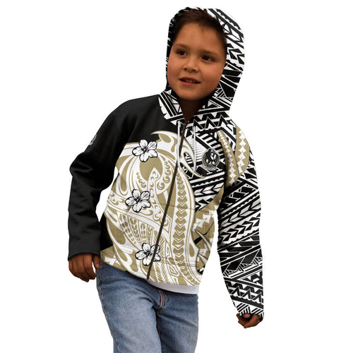 Personalized Collingwood Magpies Kid Hoodie Polynesian Tribal Magpie Mascot With Hibiscus Floral Art