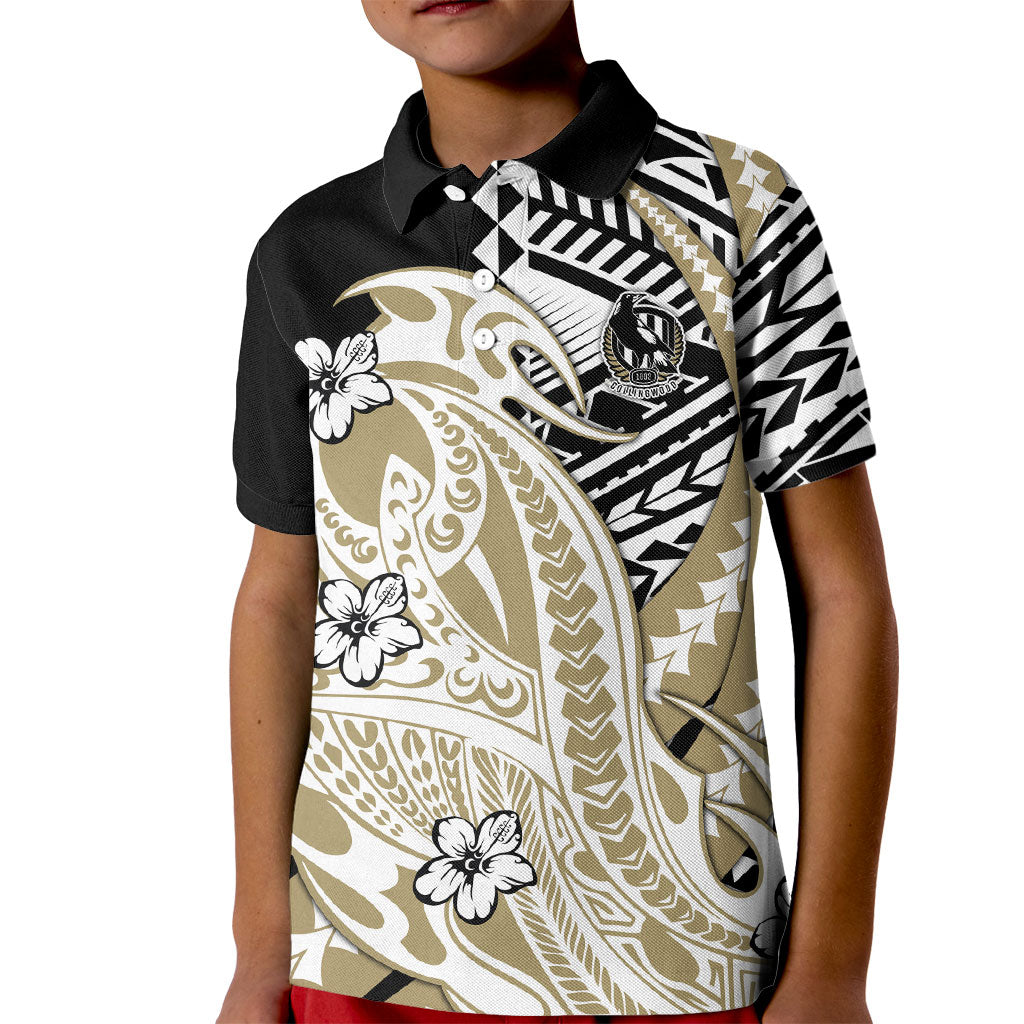 Personalized Collingwood Magpies Kid Polo Shirt Polynesian Tribal Magpie Mascot With Hibiscus Floral Art