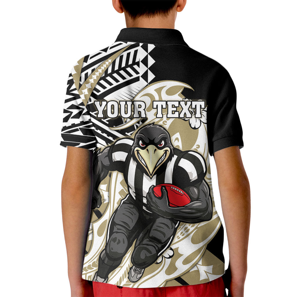 Personalized Collingwood Magpies Kid Polo Shirt Polynesian Tribal Magpie Mascot With Hibiscus Floral Art