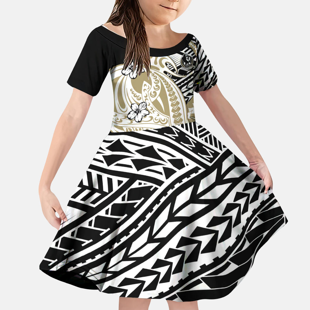 Personalized Collingwood Magpies Kid Short Sleeve Dress Polynesian Tribal Magpie Mascot With Hibiscus Floral Art