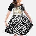 Personalized Collingwood Magpies Kid Short Sleeve Dress Polynesian Tribal Magpie Mascot With Hibiscus Floral Art