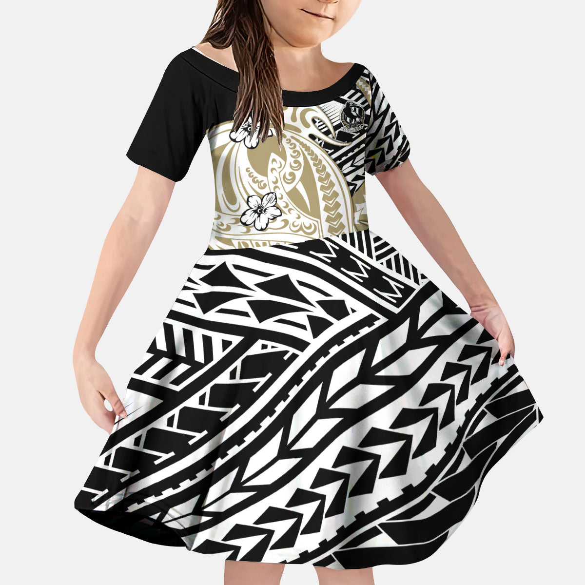 Personalized Collingwood Magpies Kid Short Sleeve Dress Polynesian Tribal Magpie Mascot With Hibiscus Floral Art