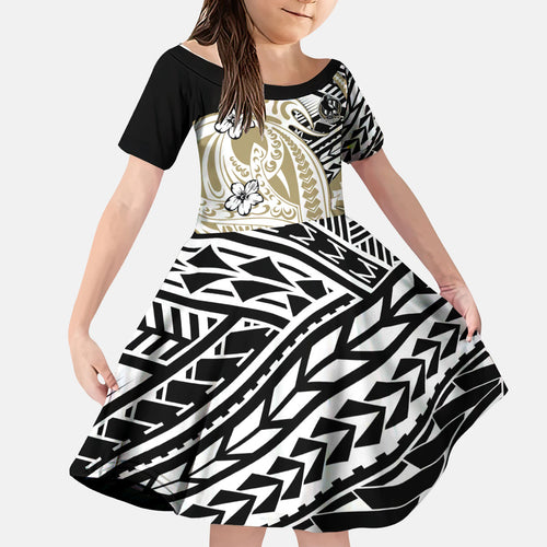 Personalized Collingwood Magpies Kid Short Sleeve Dress Polynesian Tribal Magpie Mascot With Hibiscus Floral Art