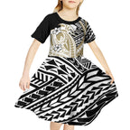 Personalized Collingwood Magpies Kid Short Sleeve Dress Polynesian Tribal Magpie Mascot With Hibiscus Floral Art