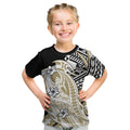 Personalized Collingwood Magpies Kid T Shirt Polynesian Tribal Magpie Mascot With Hibiscus Floral Art