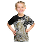 Personalized Collingwood Magpies Kid T Shirt Polynesian Tribal Magpie Mascot With Hibiscus Floral Art