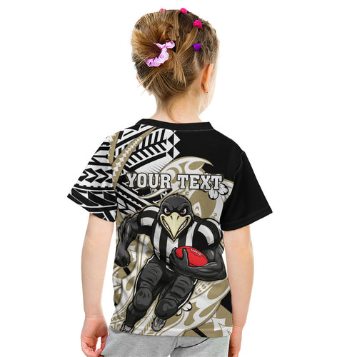 Personalized Collingwood Magpies Kid T Shirt Polynesian Tribal Magpie Mascot With Hibiscus Floral Art