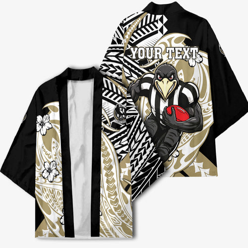 Personalized Collingwood Magpies Kimono Polynesian Tribal Magpie Mascot With Hibiscus Floral Art