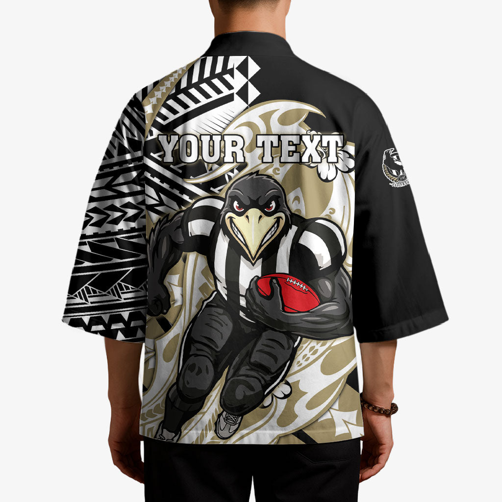 Personalized Collingwood Magpies Kimono Polynesian Tribal Magpie Mascot With Hibiscus Floral Art