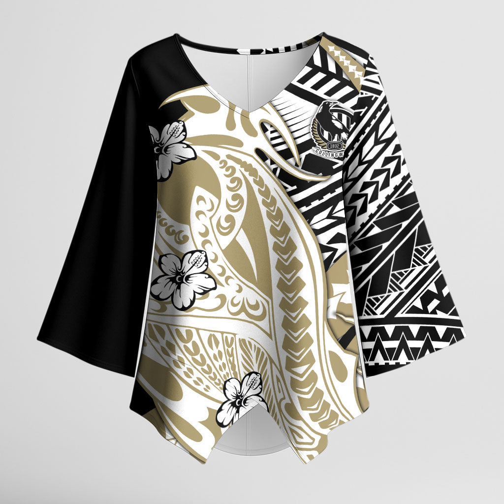 Personalized Collingwood Magpies Kimono Sleeve Blouse Polynesian Tribal Magpie Mascot With Hibiscus Floral Art