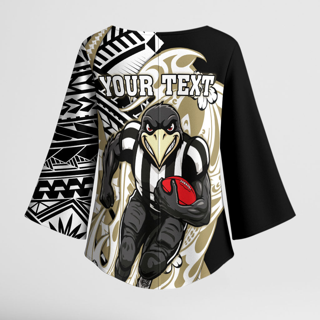 Personalized Collingwood Magpies Kimono Sleeve Blouse Polynesian Tribal Magpie Mascot With Hibiscus Floral Art