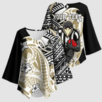 Personalized Collingwood Magpies Kimono Sleeve Blouse Polynesian Tribal Magpie Mascot With Hibiscus Floral Art