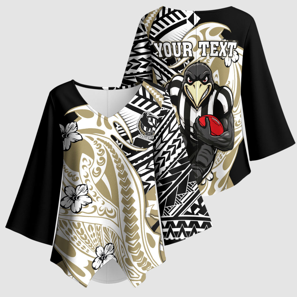 Personalized Collingwood Magpies Kimono Sleeve Blouse Polynesian Tribal Magpie Mascot With Hibiscus Floral Art