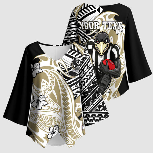 Personalized Collingwood Magpies Kimono Sleeve Blouse Polynesian Tribal Magpie Mascot With Hibiscus Floral Art