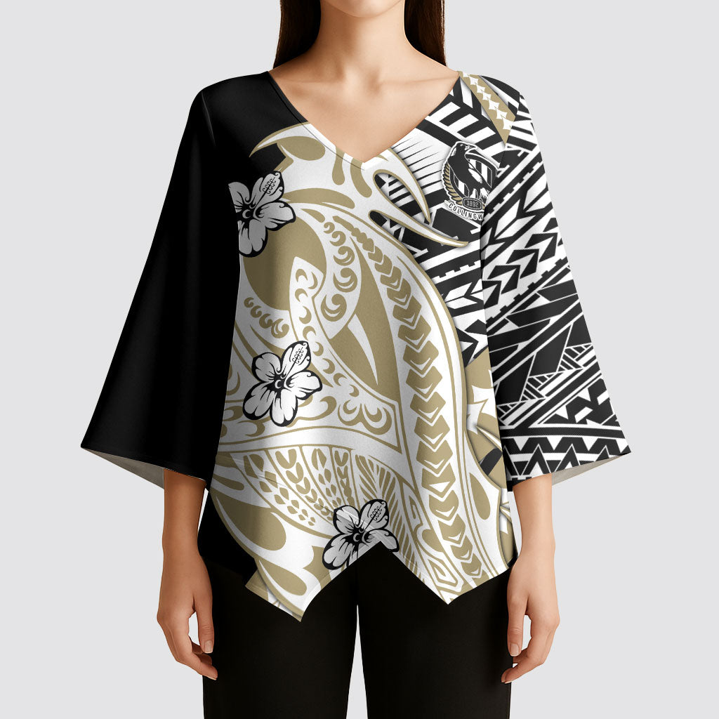 Personalized Collingwood Magpies Kimono Sleeve Blouse Polynesian Tribal Magpie Mascot With Hibiscus Floral Art