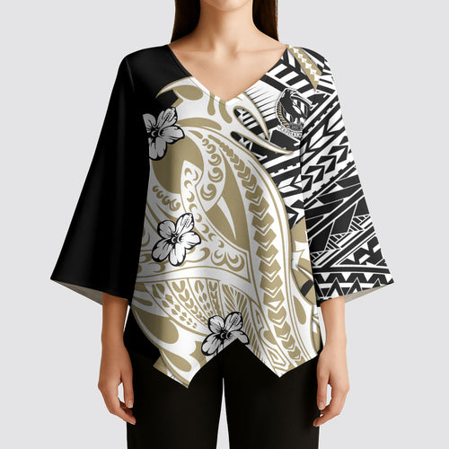 Personalized Collingwood Magpies Kimono Sleeve Blouse Polynesian Tribal Magpie Mascot With Hibiscus Floral Art
