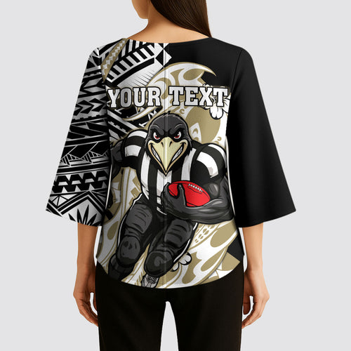 Personalized Collingwood Magpies Kimono Sleeve Blouse Polynesian Tribal Magpie Mascot With Hibiscus Floral Art