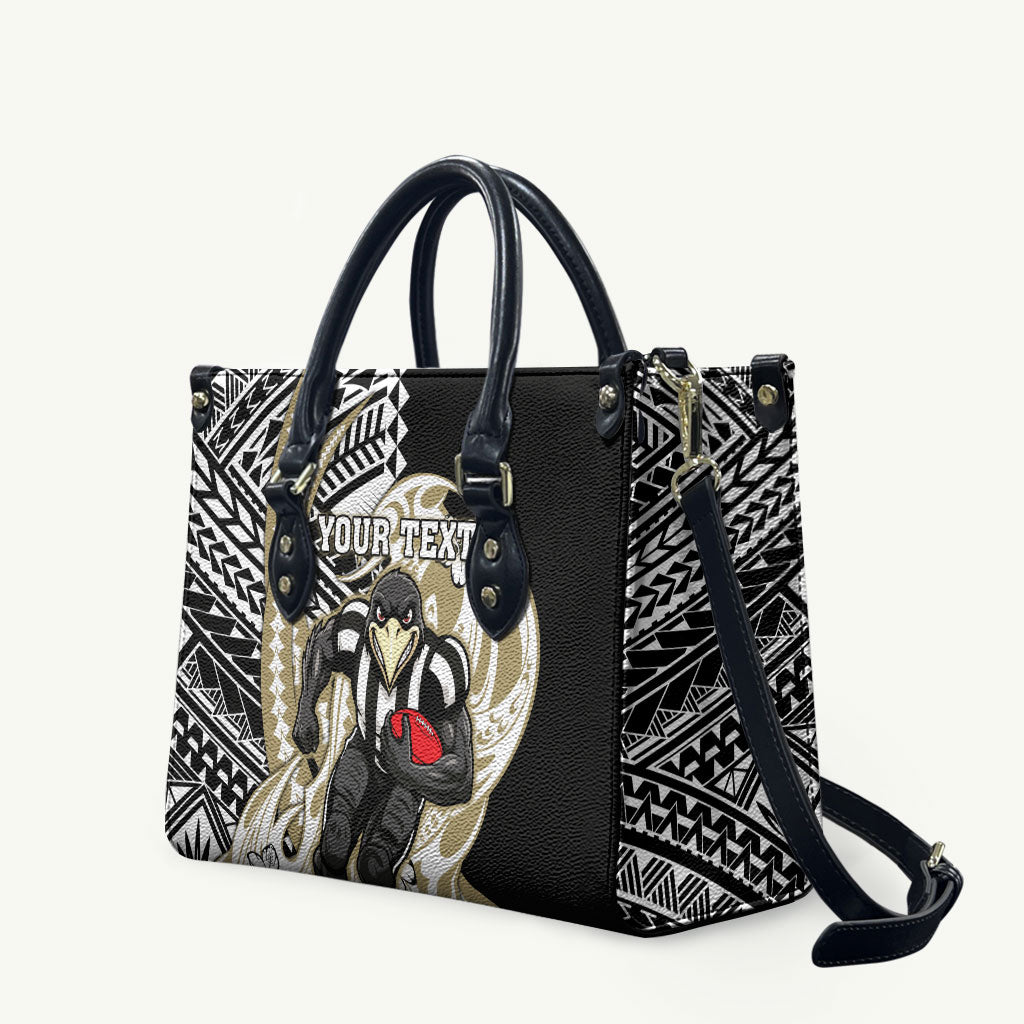 Personalized Collingwood Magpies Leather Bag Polynesian Tribal Magpie Mascot With Hibiscus Floral Art
