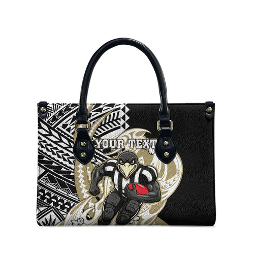 Personalized Collingwood Magpies Leather Bag Polynesian Tribal Magpie Mascot With Hibiscus Floral Art