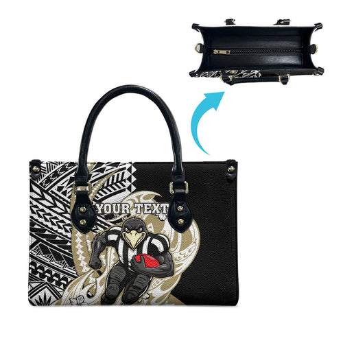 Personalized Collingwood Magpies Leather Bag Polynesian Tribal Magpie Mascot With Hibiscus Floral Art