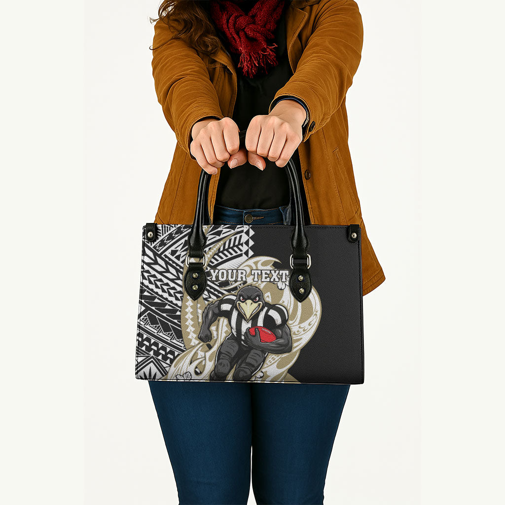 Personalized Collingwood Magpies Leather Bag Polynesian Tribal Magpie Mascot With Hibiscus Floral Art