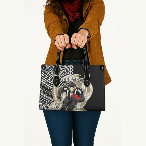 Personalized Collingwood Magpies Leather Bag Polynesian Tribal Magpie Mascot With Hibiscus Floral Art