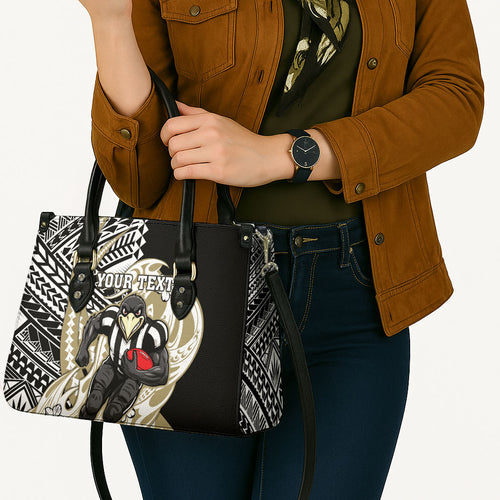 Personalized Collingwood Magpies Leather Bag Polynesian Tribal Magpie Mascot With Hibiscus Floral Art