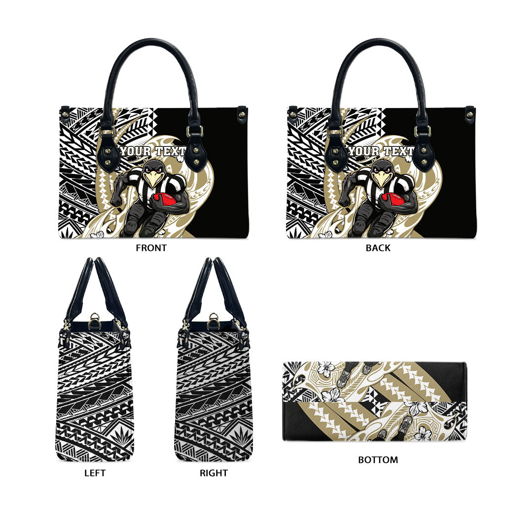 Personalized Collingwood Magpies Leather Bag Polynesian Tribal Magpie Mascot With Hibiscus Floral Art