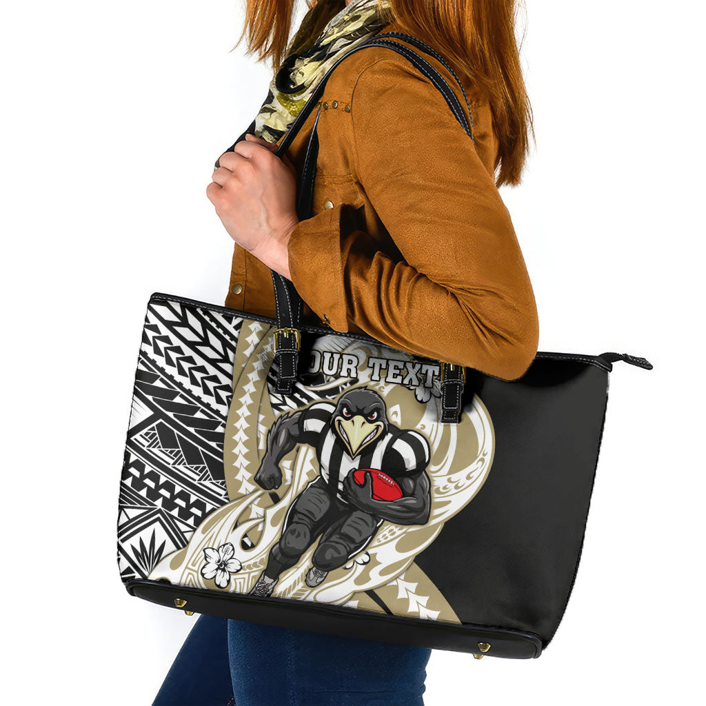 Personalized Collingwood Magpies Leather Tote Bag Polynesian Tribal Magpie Mascot With Hibiscus Floral Art