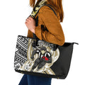 Personalized Collingwood Magpies Leather Tote Bag Polynesian Tribal Magpie Mascot With Hibiscus Floral Art